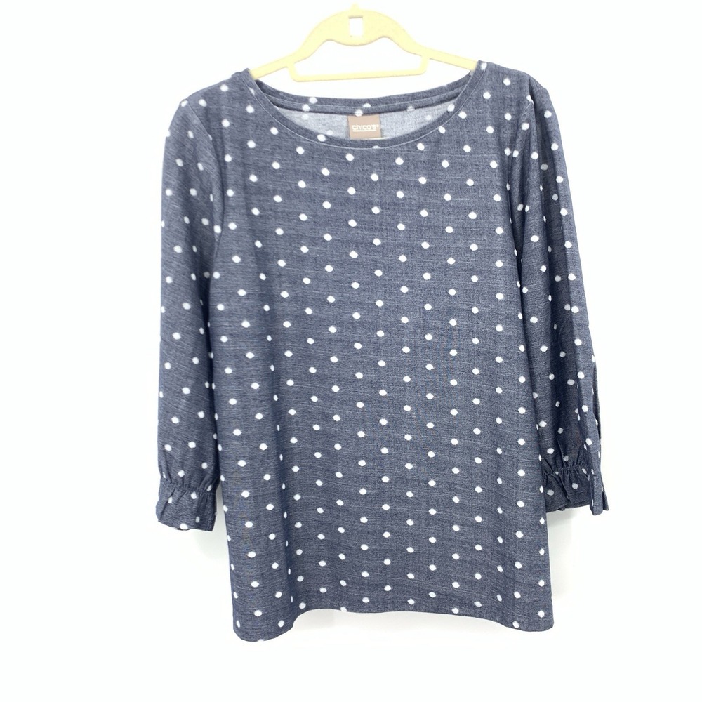 Chicos Women 2 Size Large 12 14 Shirt Blue White Polka Dot Ruffle 3/4 Sleeve Top